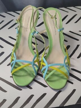 Banana Republic Lime Green Multi-Color Strappy Slingback Heels Italian Leather,